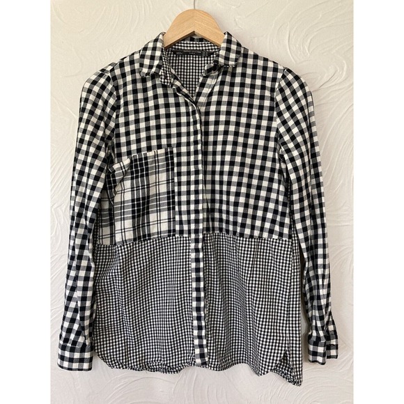 Zara Tops - ZARA women’s Black White Mixed Print Checked Plaid Flannel Button Down Top